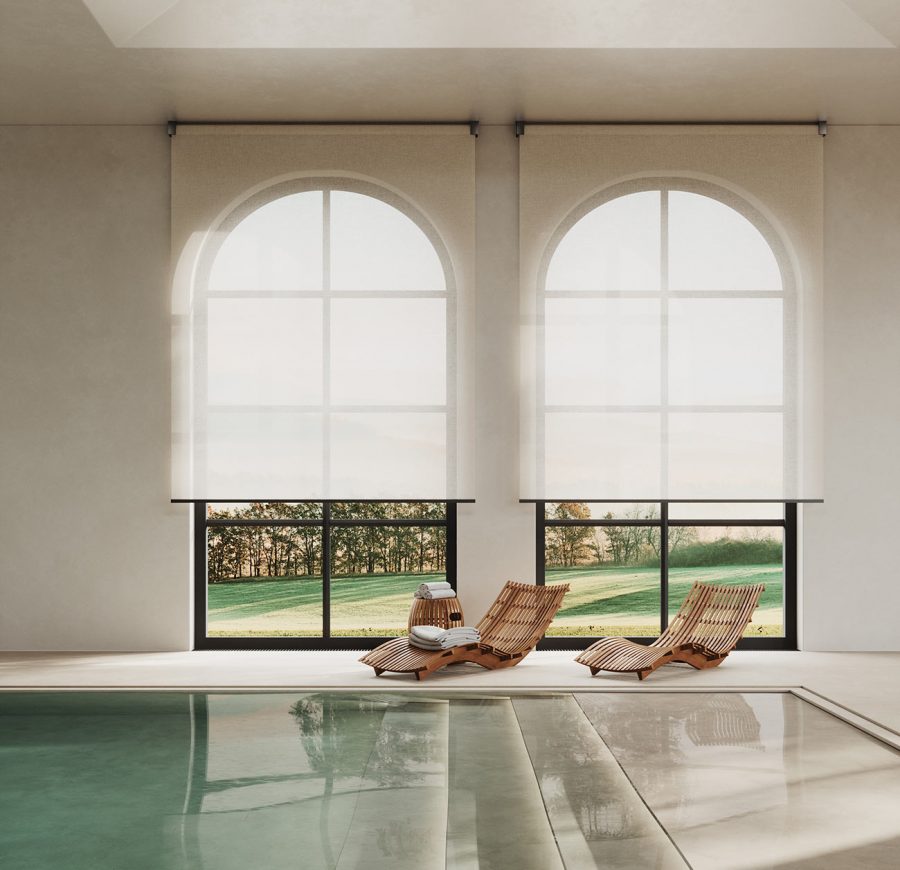 Designer roller blind in home swimming pool