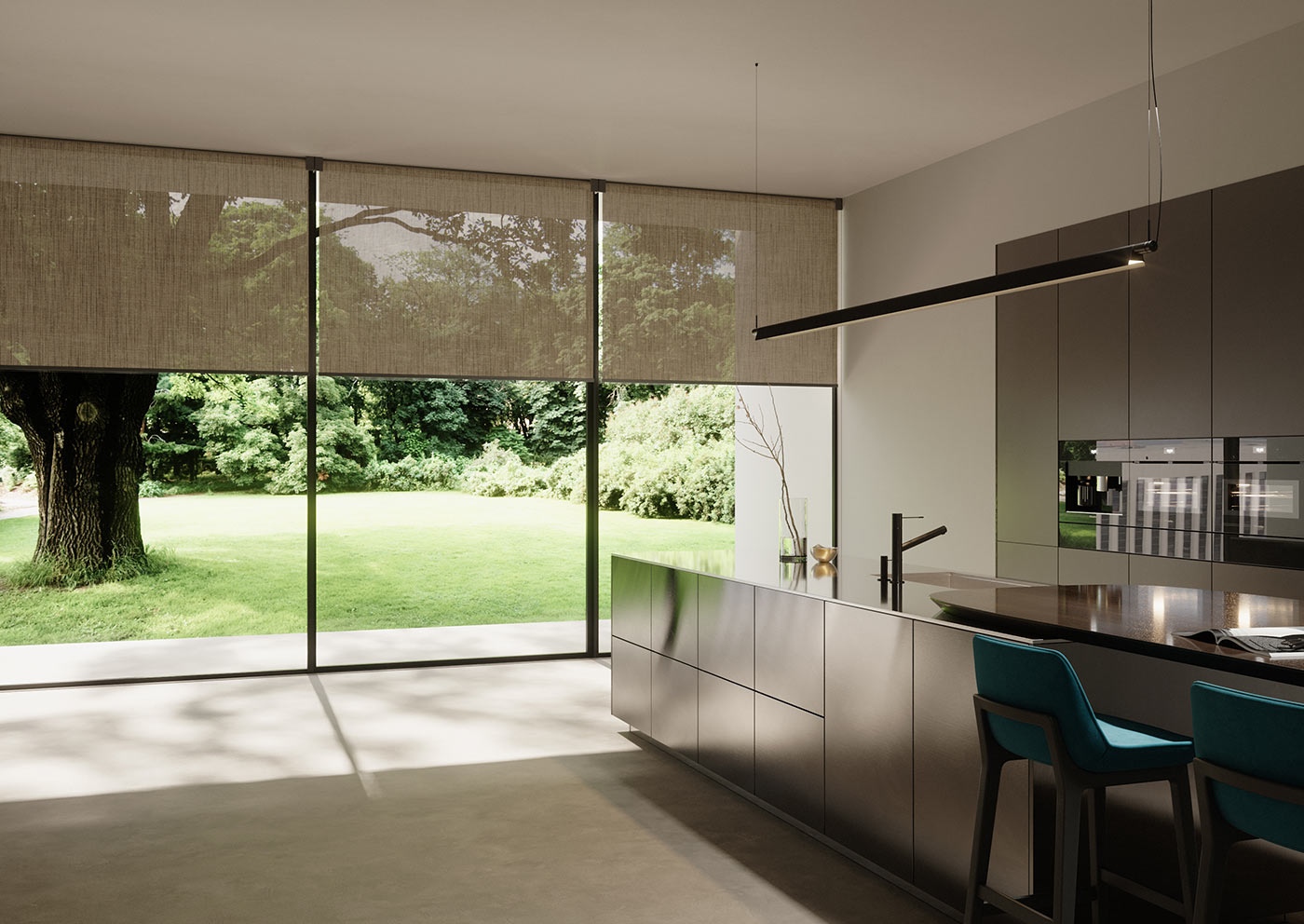 Luxury window treatments in a contemporary kitchen with floor-to-ceiling glazing