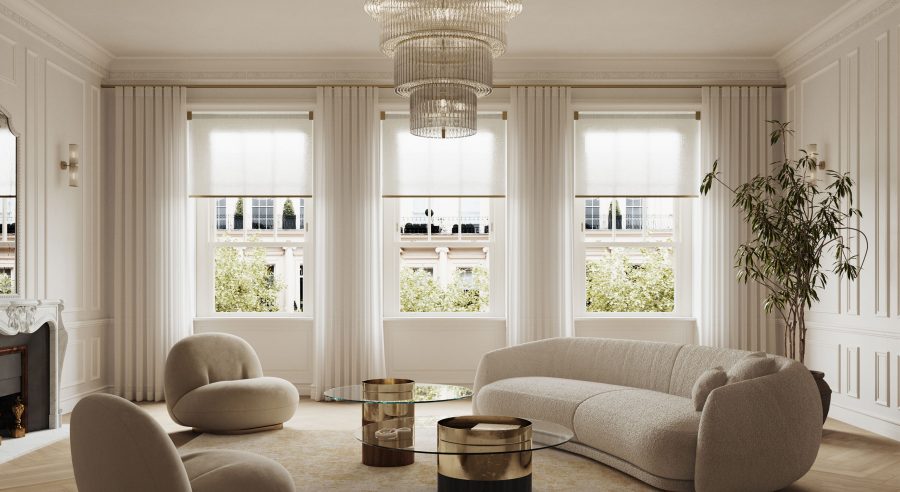 High-end blinds and curtains providing soft light control in a modern interior