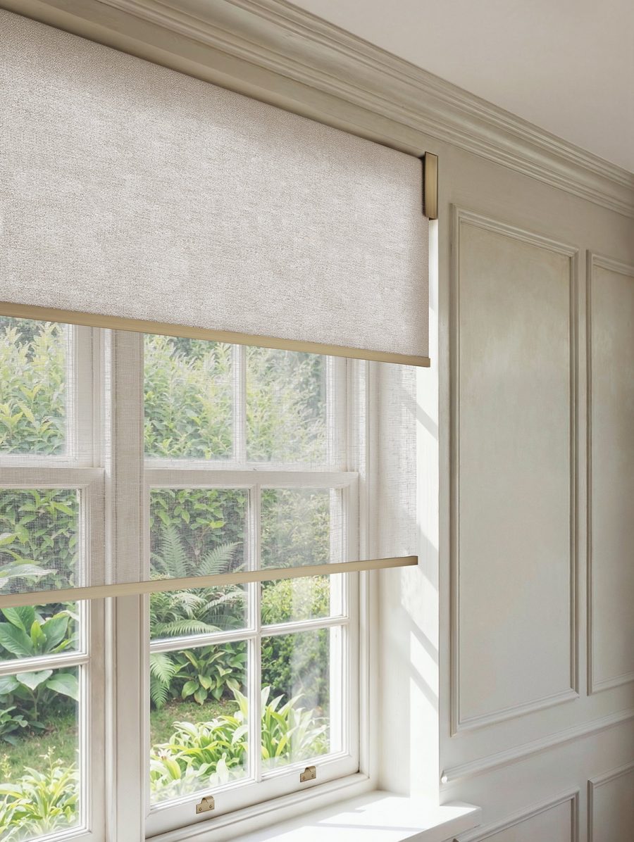 Luxury double roller blind in neutral textured fabric with sheer and blackout layers, installed on a classic sash window with brass detailing.