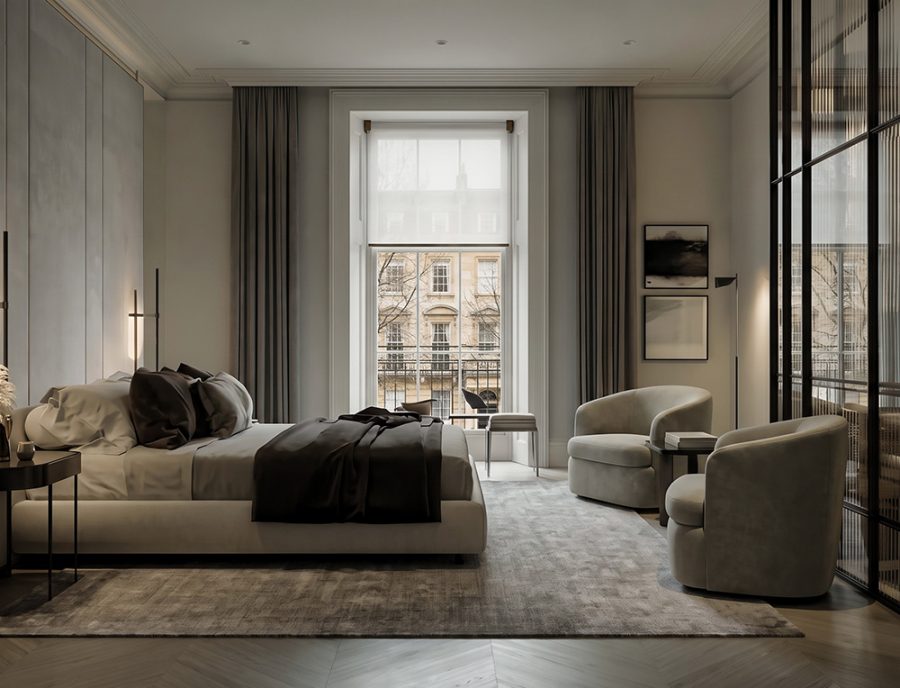 Luxury bedroom in traditional home with beautiful window treatments