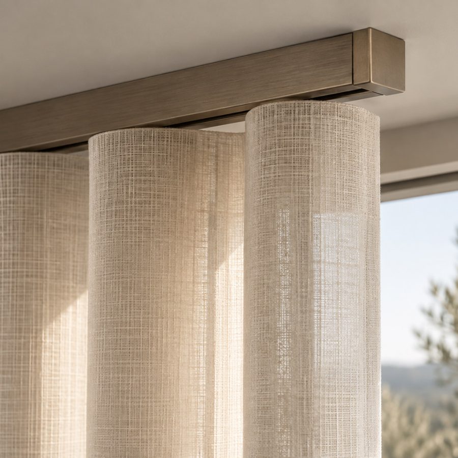 Square-profile architectural curtain track in Antique Brass with sheer wave curtain
